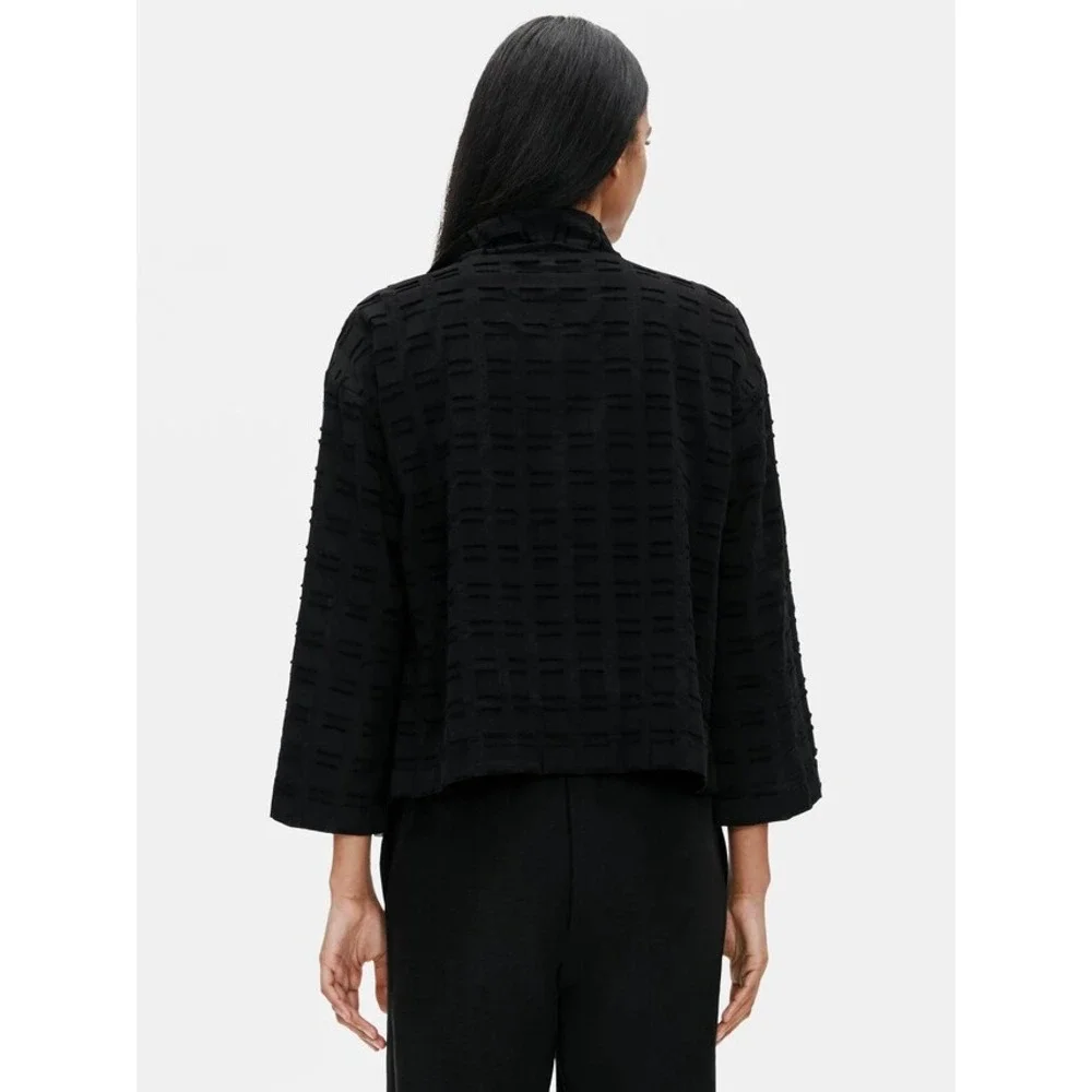 EILEEN FISHER Black Organic Cotton Textured Kimono Jacket 3/4‎ Sleeve Open Front